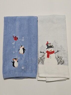 St. Nicholas Square Penguin & Snowman Themed Cotton Hand Towels Blue White Bathr